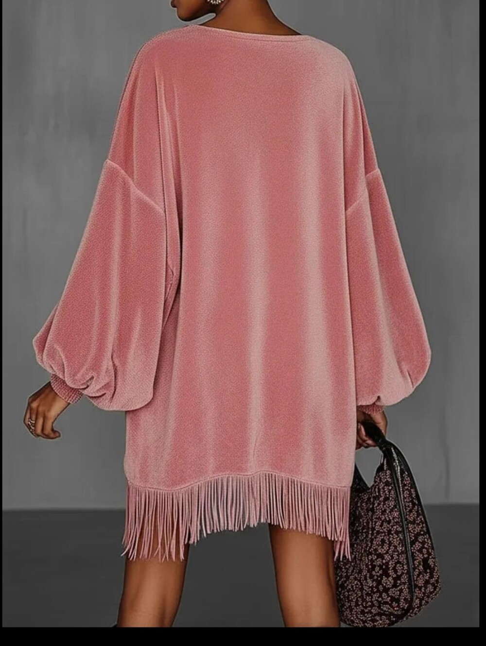 Blush Pink Velvet Fringe Tunic Dress - Picture 2 of 4
